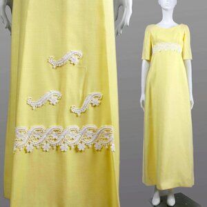 S Vintage 1960s Yellow White Embroidered Maxi Cocktail Dress Party Empire 60s